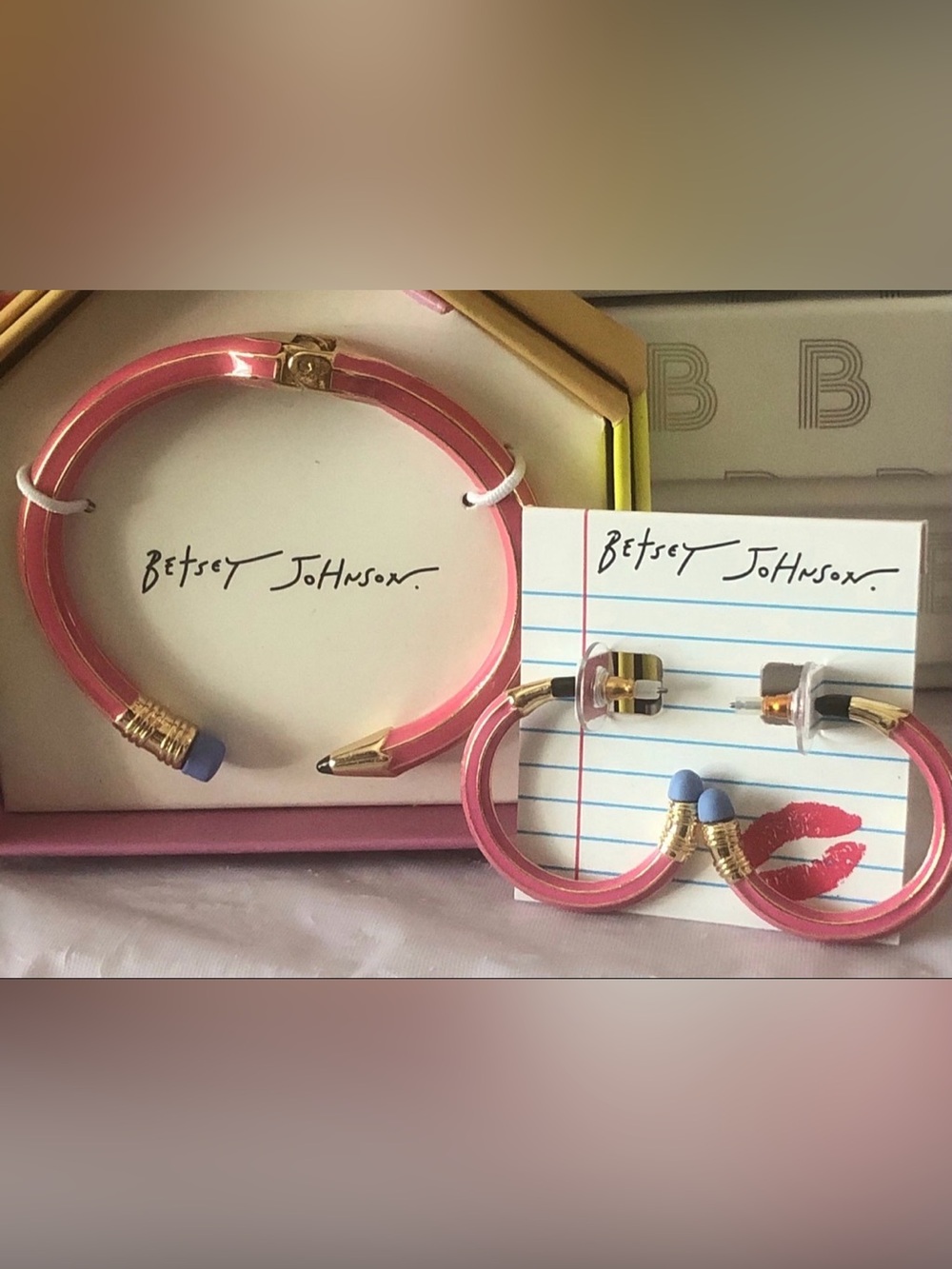 Betsey Johnson Pink Enamel Pencil Motif Bracelet with Blue Tips